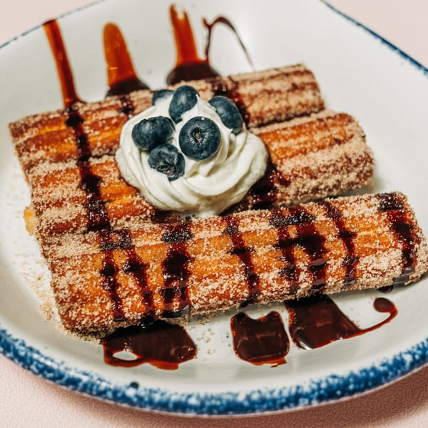 Si Señor Taqueria churros with chocolate drizzle, whipped cream, and blueberries on a white plate.
